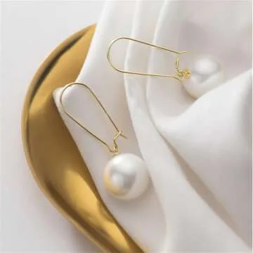 QLUYCKW Big Pearl Earrings Lightweight Exaggerate Round Teardrop Long Pearl Earrings for Women Pearls Gold Silver Dangle Drop Bridal Earrings (Gold)