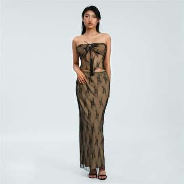 Raruxxin Women 2 Piece Skirt Set Sleeveless Hollow Crop Tops Bodycon Wrap Maxi Skirt Outfits Y2k Sum...