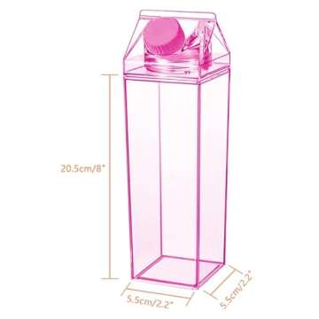 Acrylic Milk Carton Water Bottle , Clear Milk Carton, Kawaii Water Bottle, Plastic Square Aesthetic Milk Box Water Bottle (Pink)