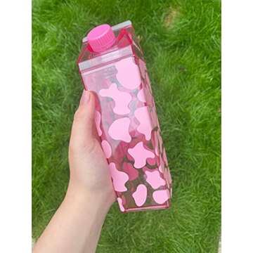 Acrylic Milk Carton Water Bottle , Clear Milk Carton, Kawaii Water Bottle, Plastic Square Aesthetic Milk Box Water Bottle (Pink)