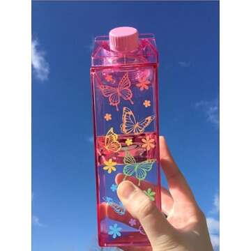 Acrylic Milk Carton Water Bottle , Clear Milk Carton, Kawaii Water Bottle, Plastic Square Aesthetic Milk Box Water Bottle (Pink)