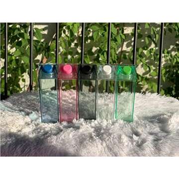 Acrylic Milk Carton Water Bottle , Clear Milk Carton, Kawaii Water Bottle, Plastic Square Aesthetic Milk Box Water Bottle (Pink)