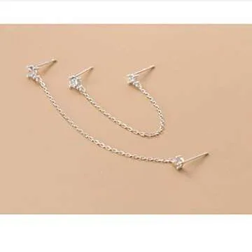 4 Prong CZ Round Stud With Chain Cuff 925 Sterling Silver Earrings for Women Cartilage Double Piercing Holes Fashion Minimalist Climber Crawler Threader Tiny Small Studs Hypoallergenic Gifts (Silver)