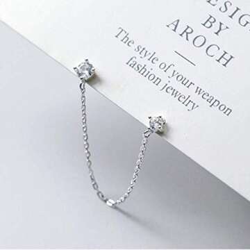 4 Prong CZ Round Stud With Chain Cuff 925 Sterling Silver Earrings for Women Cartilage Double Piercing Holes Fashion Minimalist Climber Crawler Threader Tiny Small Studs Hypoallergenic Gifts (Silver)