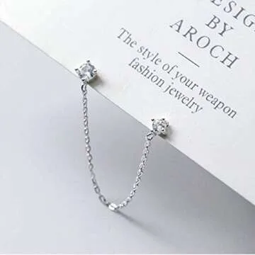 4 Prong CZ Round Stud With Chain Cuff 925 Sterling Silver Earrings for Women Cartilage Double Piercing Holes Fashion Minimalist Climber Crawler Threader Tiny Small Studs Hypoallergenic Gifts (Silver)