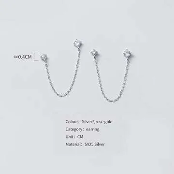 4 Prong CZ Round Stud With Chain Cuff 925 Sterling Silver Earrings for Women Cartilage Double Piercing Holes Fashion Minimalist Climber Crawler Threader Tiny Small Studs Hypoallergenic Gifts (Silver)