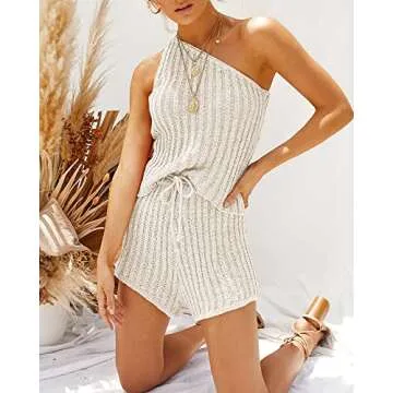 Sherrylily Womens Off Shoulder Two Piece Outfits Sleeveless Vests Tops Tie Front Pants Romper Overalls Jumpsuits Beige Medium