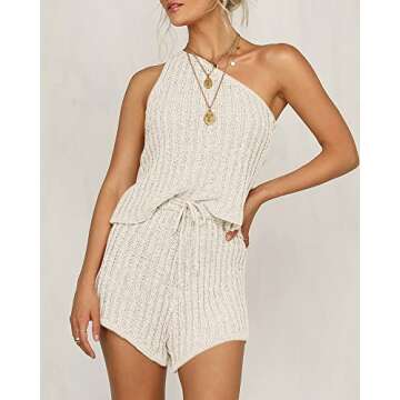 Sherrylily Womens Off Shoulder Two Piece Outfits Sleeveless Vests Tops Tie Front Pants Romper Overalls Jumpsuits Beige Medium