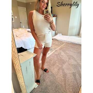 Sherrylily Womens Off Shoulder Two Piece Outfits Sleeveless Vests Tops Tie Front Pants Romper Overalls Jumpsuits Beige Medium