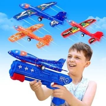 LJZJ 3 Pack Airplane Launcher Toys - LED Foam Gliders & Catapult Plane for Kids
