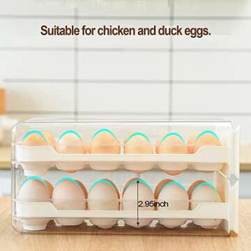 Egg Holder for Refrigerator 36 Count, Fridge Eggs Drawer Clear Storage Container Box, 2-Layer Egg Organizer, White Tray