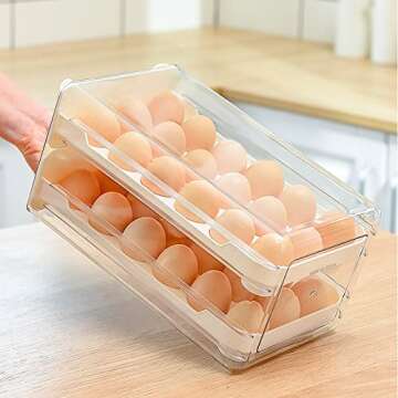 Egg Holder for Refrigerator 36 Count, Fridge Eggs Drawer Clear Storage Container Box, 2-Layer Egg Organizer, White Tray