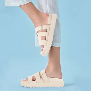 Junayuan Women's Platform Slide Sandals Open Toe Non Slip Thick Sole Slip on Summer Shoes, Beige, Si...