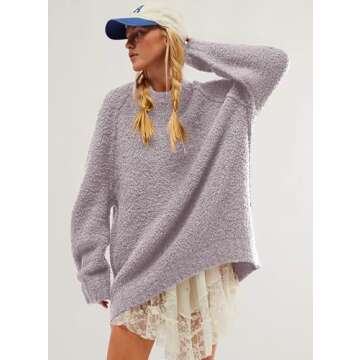 Beaully Women's Oversized Long Sleeve Crewneck Fuzzy Knit Warm Sweaters 2024 Fall Pullover Sweater Tops 6108 Ligth Purple L