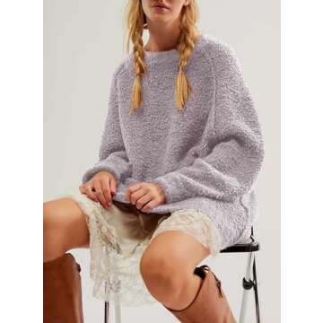 Beaully Women's Oversized Long Sleeve Crewneck Fuzzy Knit Warm Sweaters 2024 Fall Pullover Sweater Tops 6108 Ligth Purple L