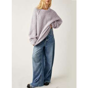 Beaully Women's Oversized Long Sleeve Crewneck Fuzzy Knit Warm Sweaters 2024 Fall Pullover Sweater Tops 6108 Ligth Purple L