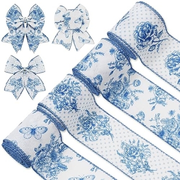 AnyDesign White and Blue Wired Edge Ribbon Floral Butterfly Craft Ribbon 24 Yards 2.5 Inch Blue Flow...