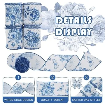 AnyDesign White and Blue Wired Edge Ribbon Floral Butterfly Craft Ribbon 24 Yards 2.5 Inch Blue Flower Fabric Ribbon for Wreath Bow DIY Craft Wedding Bridal Shower Gift Wrapping Supplies