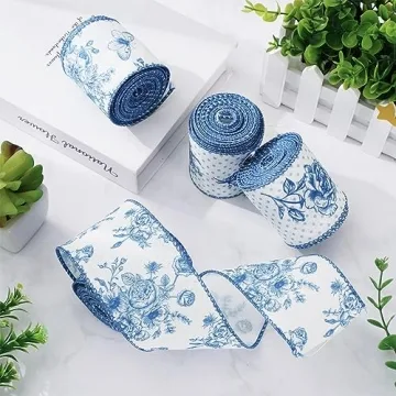 AnyDesign White and Blue Wired Edge Ribbon Floral Butterfly Craft Ribbon 24 Yards 2.5 Inch Blue Flower Fabric Ribbon for Wreath Bow DIY Craft Wedding Bridal Shower Gift Wrapping Supplies