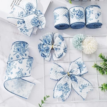 AnyDesign White and Blue Wired Edge Ribbon Floral Butterfly Craft Ribbon 24 Yards 2.5 Inch Blue Flower Fabric Ribbon for Wreath Bow DIY Craft Wedding Bridal Shower Gift Wrapping Supplies