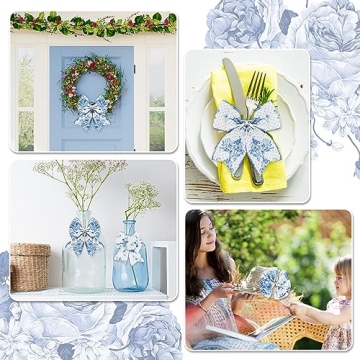 AnyDesign White and Blue Wired Edge Ribbon Floral Butterfly Craft Ribbon 24 Yards 2.5 Inch Blue Flower Fabric Ribbon for Wreath Bow DIY Craft Wedding Bridal Shower Gift Wrapping Supplies