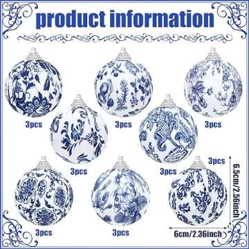 Liliful 24 Pieces White and Blue Christmas Chinoiserie Ornaments Ball Fabric Wrapped Hanging Christmas Ball Decorative Tree Ornaments for Christmas Party Supplies(2.36 Inch, 24 Pcs)