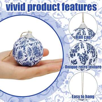 Liliful 24 Pieces White and Blue Christmas Chinoiserie Ornaments Ball Fabric Wrapped Hanging Christmas Ball Decorative Tree Ornaments for Christmas Party Supplies(2.36 Inch, 24 Pcs)