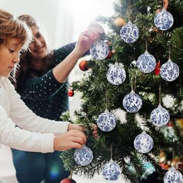 Liliful 24 Pieces White and Blue Christmas Chinoiserie Ornaments Ball Fabric Wrapped Hanging Christmas Ball Decorative Tree Ornaments for Christmas Party Supplies(2.36 Inch, 24 Pcs)