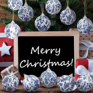 Liliful 24 Pieces White and Blue Christmas Chinoiserie Ornaments Ball Fabric Wrapped Hanging Christmas Ball Decorative Tree Ornaments for Christmas Party Supplies(2.36 Inch, 24 Pcs)