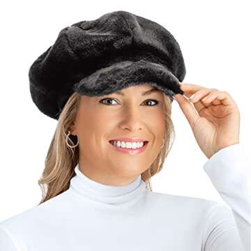 Collections Etc Faux Fur Newsboy Winter Hat, Stylish Plush Cap, Black, One Size Fits All