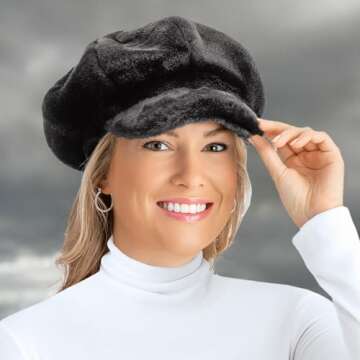 Collections Etc Faux Fur Newsboy Winter Hat, Stylish Plush Cap, Black, One Size Fits All