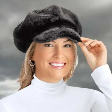 Collections Etc Faux Fur Newsboy Winter Hat - Black, Stylish Cap