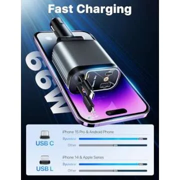 Starlight Retractable Car Charger with Retractable Cables, Starlight in Car Roof 4 in 1 Super Fast Car Phone Charger, 2 USB Ports Starry Sky Car Charger Adapter, Compatible with iPhone 15 14 13