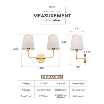 METWET 2 Light Bathroom Vanity Light, Brushed Gold Double Wall Sconce with Flared White Fabric Shade...