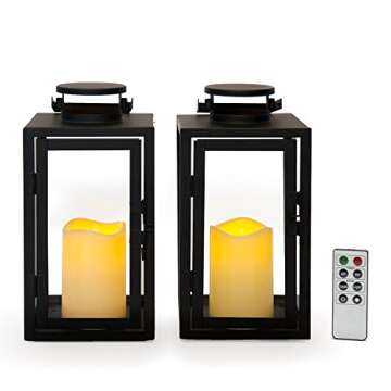 Vintage Decorative Candle Lantern - Black Metal & Glass Paneled Tabletop Lanterns, Flickering LEDs, Indoor/Outdoor Use, Battery Operated, Garden Hanging Party Decor, Time & Remote Included - 2 Pack