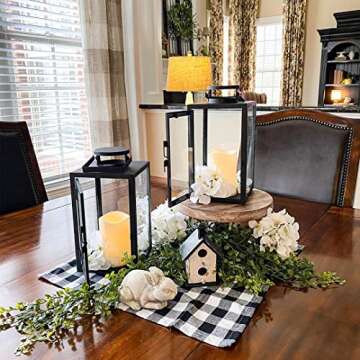 Vintage Decorative Candle Lantern - Black Metal & Glass Paneled Tabletop Lanterns, Flickering LEDs, Indoor/Outdoor Use, Battery Operated, Garden Hanging Party Decor, Time & Remote Included - 2 Pack