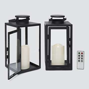 Vintage Decorative Candle Lantern - Black Metal & Glass Paneled Tabletop Lanterns, Flickering LEDs, Indoor/Outdoor Use, Battery Operated, Garden Hanging Party Decor, Time & Remote Included - 2 Pack