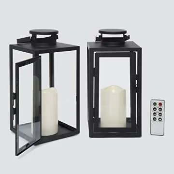 Vintage Decorative Candle Lantern - Black Metal & Glass Paneled Tabletop Lanterns, Flickering LEDs, Indoor/Outdoor Use, Battery Operated, Garden Hanging Party Decor, Time & Remote Included - 2 Pack