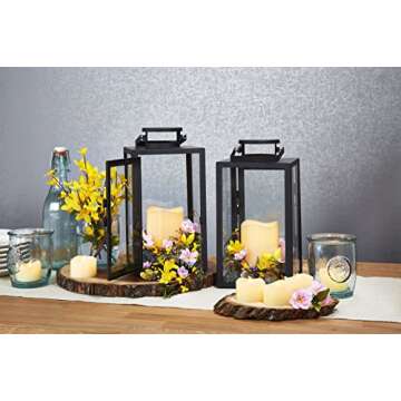 Vintage Decorative Candle Lantern - Black Metal & Glass Paneled Tabletop Lanterns, Flickering LEDs, Indoor/Outdoor Use, Battery Operated, Garden Hanging Party Decor, Time & Remote Included - 2 Pack