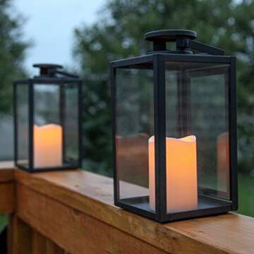 Vintage Decorative Candle Lantern - Black Metal & Glass Paneled Tabletop Lanterns, Flickering LEDs, Indoor/Outdoor Use, Battery Operated, Garden Hanging Party Decor, Time & Remote Included - 2 Pack