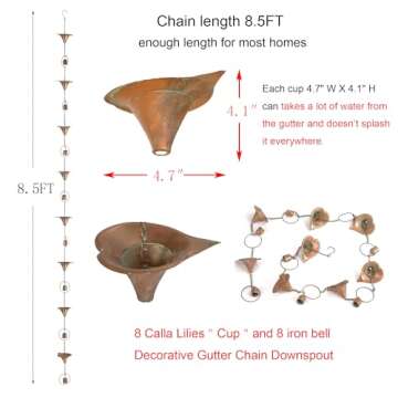 Metal Calla Lilies and Bells Decorative Rain Chain 8.5FT