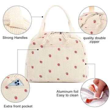 Bluboon Lunch Bag for Women Men Cute Corduroy Lunch Tote Bags Reusable Insulated Lunch Box Large Capacity Reusable Insulated Cooler for Work Picnic or Travel (Corduroy strawberry)