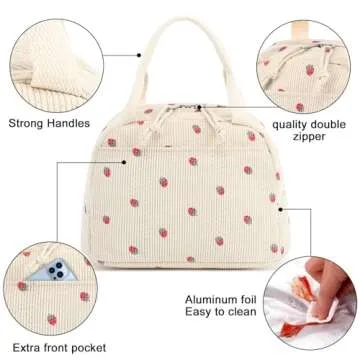 Bluboon Lunch Bag for Women Men Cute Corduroy Lunch Tote Bags Reusable Insulated Lunch Box Large Capacity Reusable Insulated Cooler for Work Picnic or Travel (Corduroy strawberry)