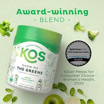 KOS Organic Super Greens Powder Erythritol Free - Plant Based Superfood Blend with Spirulina, Chlore...