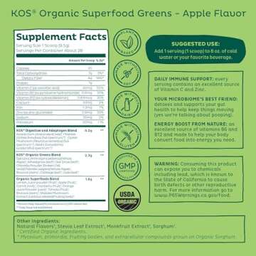 KOS Organic Super Greens Powder Erythritol Free - Plant Based Superfood Blend with Spirulina, Chlorella & Wheatgrass - USDA Certified Organic, Green Juice Smoothie - Apple Flavor - 28 Servings