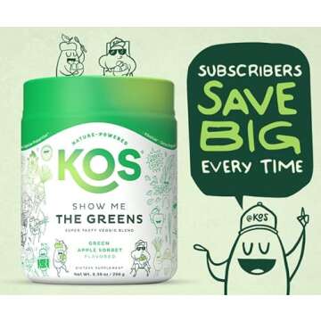 KOS Organic Super Greens Powder Erythritol Free - Plant Based Superfood Blend with Spirulina, Chlorella & Wheatgrass - USDA Certified Organic, Green Juice Smoothie - Apple Flavor - 28 Servings