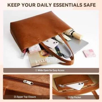 KALIDI Tote Bag Zipper Faux Leather Large Purses for Women Shoulder Bag Casual Handbag Work Dating College, Brown