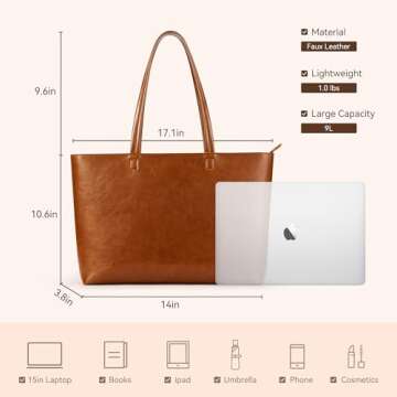 KALIDI Tote Bag Zipper Faux Leather Large Purses for Women Shoulder Bag Casual Handbag Work Dating College, Brown
