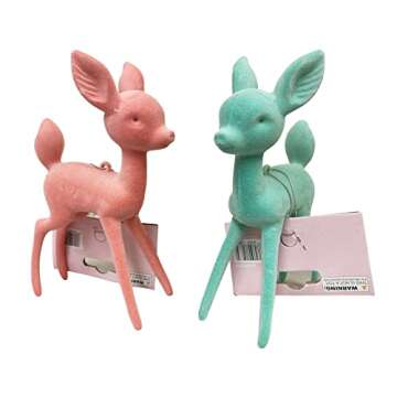 Christmas Baby Deer Ornaments Velour Velvet Texture in Aqua and Pink Color