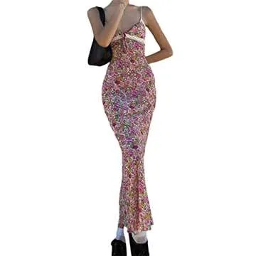 NIKDUCK Sexy Sleeveless Sling Dress for Women,Floral Printed Backless Low Cut Dress Bodycon Mini Pic...